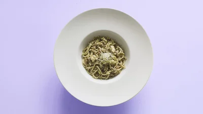 Pasta al Pesto con Tacos de Jamón Serrano